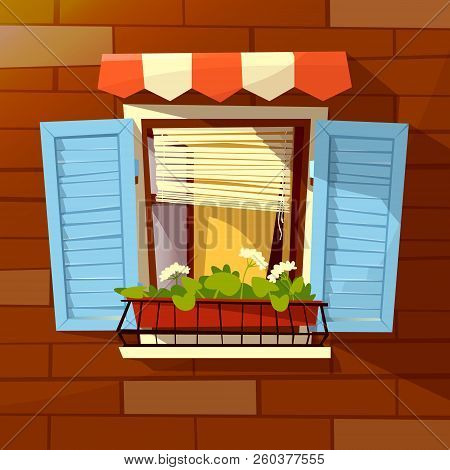 House Facade Illustration Of Window With Wooden Shutters, Sunblind Awning And Flowerpot. Modern Or O