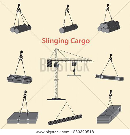 Construction Crane For Slinging And Lifting Cargo. Proper Use Of Slinging During The Operation Of A 