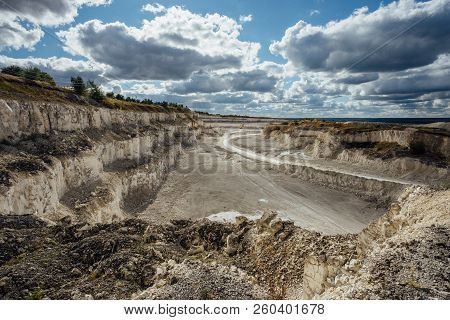 Opencast Mining Chalky Quarry, Aerial View At Daytime.