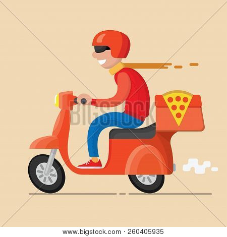 Pizza Delivery Man On The Red Scooter. Food Service. Flat Design Vector Illustration.