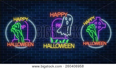 Set Of Three Halloween Illustrations In Neon Style. Bony Hand And Chost Silhouette From Grave. Vecto