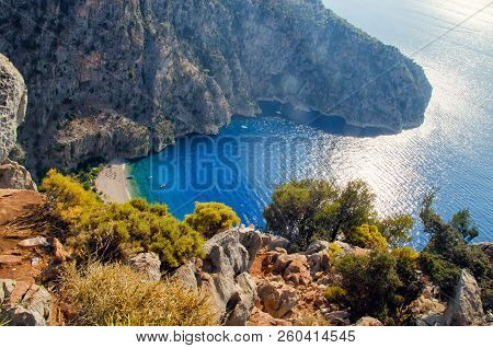 Aerial View Of Butterfly Valley In Oludeniz. Sunny Summer Beach Landscape Top View. Fethiye, Turkey 