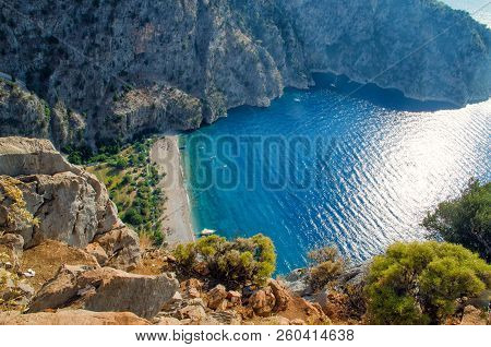 Aerial View Of Butterfly Valley In Oludeniz. Sunny Summer Beach Landscape Top View. Fethiye, Turkey 