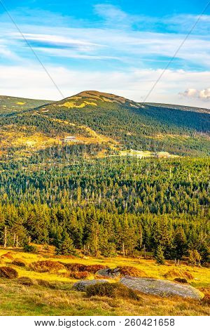 Green Forest Landscape With Maly Sisak Mountain And Mountain Huts, Giant Mountains, Krkonose, Czech 