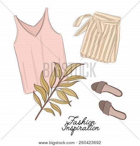 Girls Outlook: Shorts, Shoes And Top In Pastel Colors, Decorated With Palm Leave. Trendy Fashion Ill