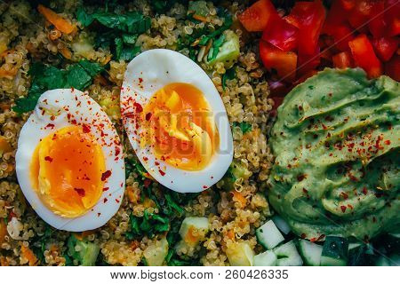 Cinoabowl With Soft Boiled Half Egg, Guakamole, Cucmber, Pepper