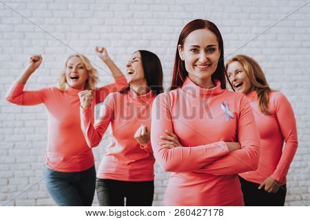 Time With Happy Friends. Poising With Friends, Health And Happy Girl Support People With Cancer.joif