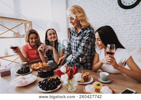 Happy Holiday With Family. Cake For All Family In Breakfast. Romantic Day With Family. Happiness And