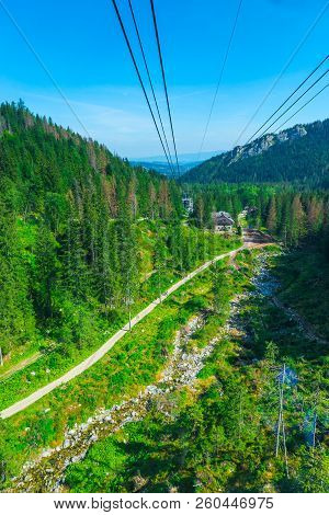 Vertical Landscape Descent From The Mountain In The Funicular, Shooting Beautiful Mountains From The
