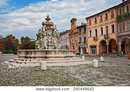 Cesena, Emilia-romagna, Italy: The Ancient Fountain Fontana Del Masini (16th Century) And The Old Bu