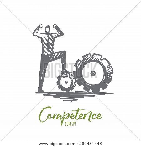 Competence, Businessman, Work, Successful Concept. Hand Drawn Successful Businessman Standing On Gea