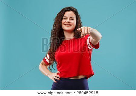 I Choose You And Order. The Smiling Business Woman Point You, Want You, Half Length Closeup Portrait
