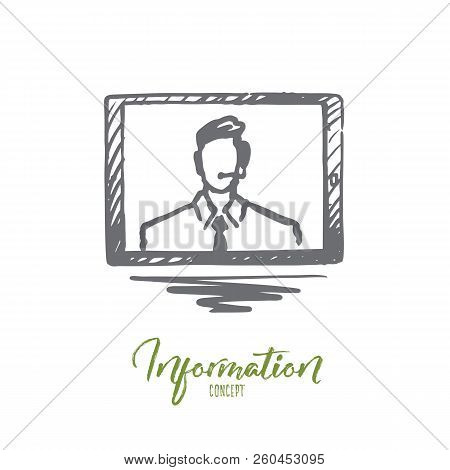 Information, Television, Web, Monitor Concept. Hand Drawn Person On Screen Of Monitor Concept Sketch