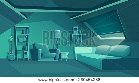 Vector Attic Interior At Night, Cartoon Room With Furniture, Sofa With Pillows. Cozy Room In Moonlig