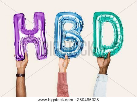 Colorful alphabet balloons forming the word HBD