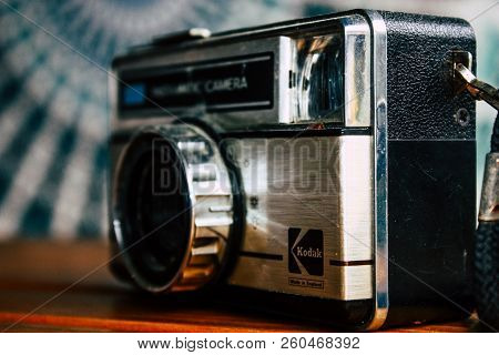 Kathmandu Nepal September 27, 2018 View Of An Old Kodak Instamatic Camera Resting On A Wooden Table 