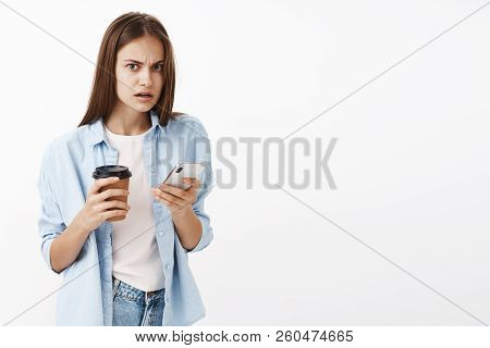 Waist What You Make Me Worry. Disturbed Stunned And Nervous Trendy Busy Woman Holding Paper Cup With