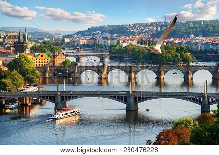 Row Of Bridges In Prague At Summer Day