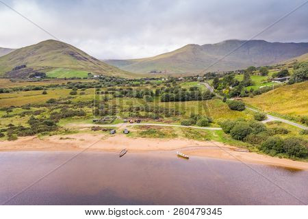 An Aerial View Of The Beach At Scenic Lough Nafooey In The Connemara Area Of Ireland.