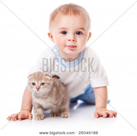 Baby with kitten. Isolated on white background