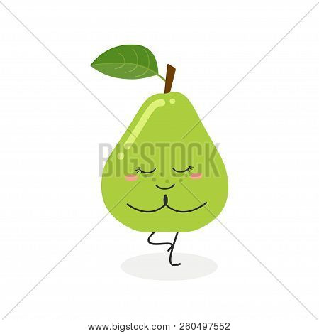 Cute Funny Cartoon Pear Doing Yoga Standing In Tree Pose. Vector Flat Illustration Isolated On White