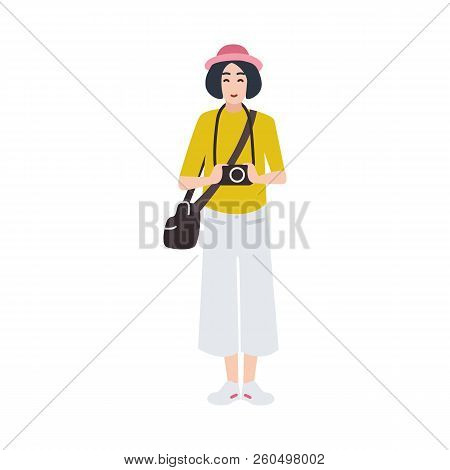 Woman Photographer Holding Photo Camera And Photographing. Creative Profession Or Occupation. Cute F