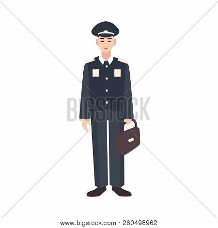 Smiling Soldier, Military Or Armed Force Servant Wearing Formal Uniform, Cap And Holding Briefcase. 