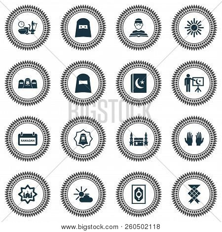 Holiday Icons Set With Mecca, Islam Book, Mubarak And Other Meal Eaten Elements. Isolated  Illustrat