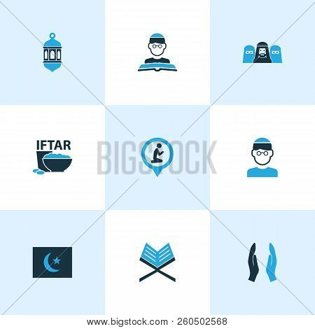 Holiday Icons Colored Set With Koran, Dua, Mussulmans And Other Bowl Elements. Isolated  Illustratio