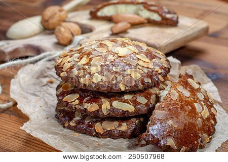 Sweet Dessert For Autumn Season, Dutch Filled Cookies With Marzipan And Almonds
