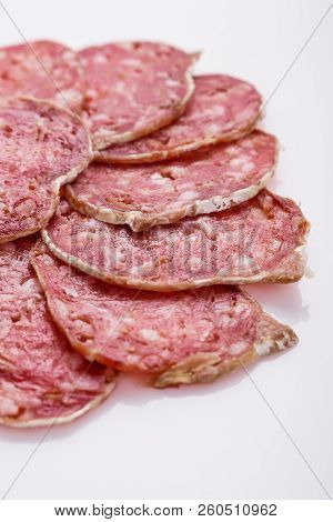 Saucisson Sec Delicious French Salami On A White Background