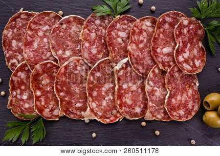 Saucisson Sec Delicious French Salami On A Wooden Background