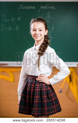 Ukraine. Kiev. May 5, 2018. Portrait Of A Schoolboy. Young 10 Years Old Caucasian Girl Posing In Sch