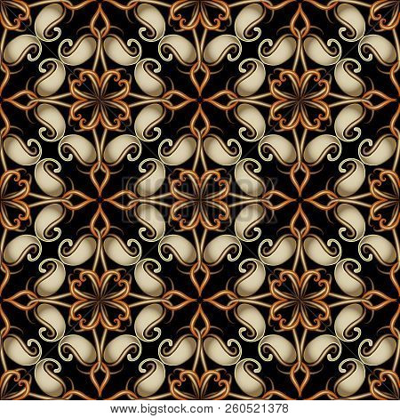 Vintage Gold 3d Paisley Vector Seamless Pattern. Beautiful Ornam