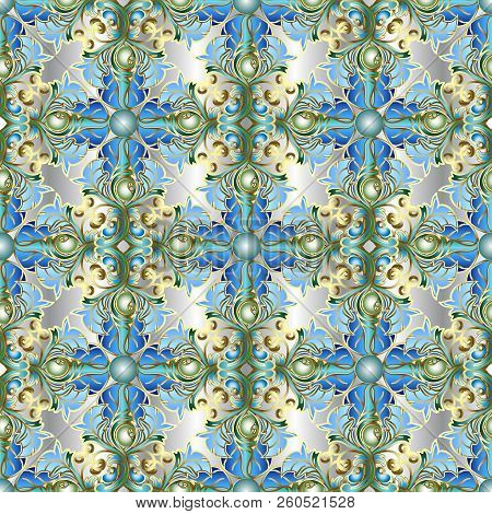 Light Blue Elegance 3d Damask Vector Seamless Pattern. Ornamenta