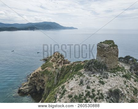 Torre Degli Appiani On Island In Punta Ala. Italy Aerial Landscape