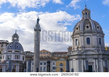 Rome, Italy Trajan Triumphal Column With Top Viewing Platform On The Roman Forum. Freestanding Marbl