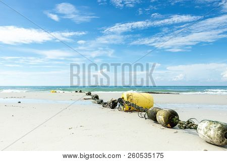 The Beautiful Nature Of The Beach By The Sea On A Bright Blue Day.