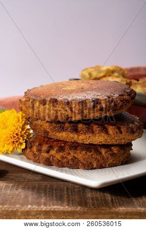 Round Dutch Homemade Cookies Filled With Marzipan And Almonds Nuts, Autumn And Winter Seasonal Desse