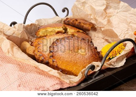 Round Dutch Homemade Cookies Filled With Marzipan And Almonds Nuts, Autumn And Winter Seasonal Desse