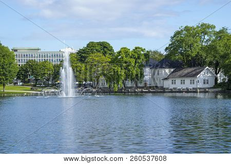 Breiavatnet Is The Small Lake With Fountain Situated In The Centre Of Stavanger Norway