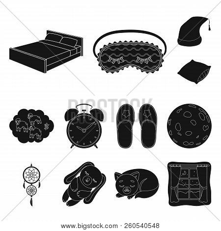 Rest And Sleep Black Icons In Set Collection For Design. Accessories And Comfort Vector Symbol Stock