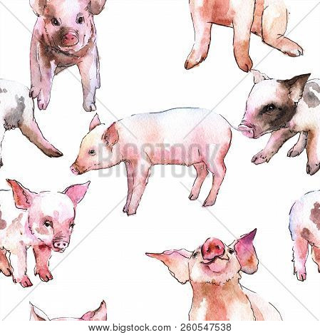 Pink Pig Wild Animal In A Watercolor Style Isolated. Seamless Background Pattern.