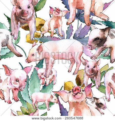 Pink Pig Wild Animal In A Watercolor Style Isolated. Seamless Background Pattern.
