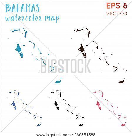 Bahamas Watercolor Country Map. Handpainted Watercolor Bahamas Map Set. Vector Illustration.