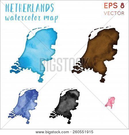 Netherlands Watercolor Country Map. Handpainted Watercolor Netherlands Map Set. Vector Illustration.