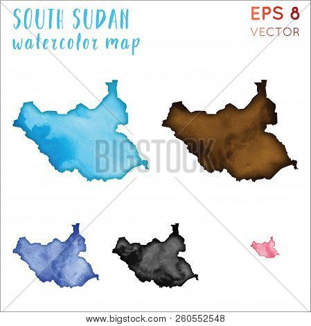 South Sudan Watercolor Country Map. Handpainted Watercolor South Sudan Map Set. Vector Illustration.