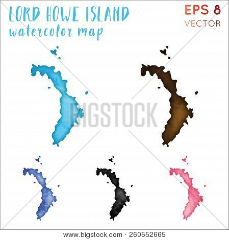 Lord Howe Island Watercolor Island Map. Handpainted Watercolor Lord Howe Island Map Set. Vector Illu