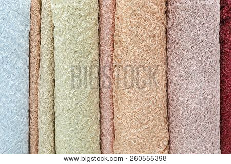 Samples Of Fabric - Guipure With Fine Pattern Of Different Colors On The Display Case