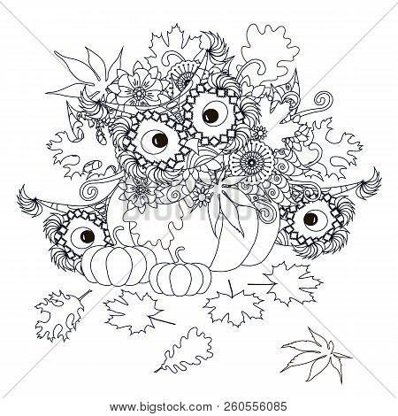 Pumpkins With Flowers, Maple And Oak Leaves, Owl Monochrome Typography Banner, Postcard Stock Design